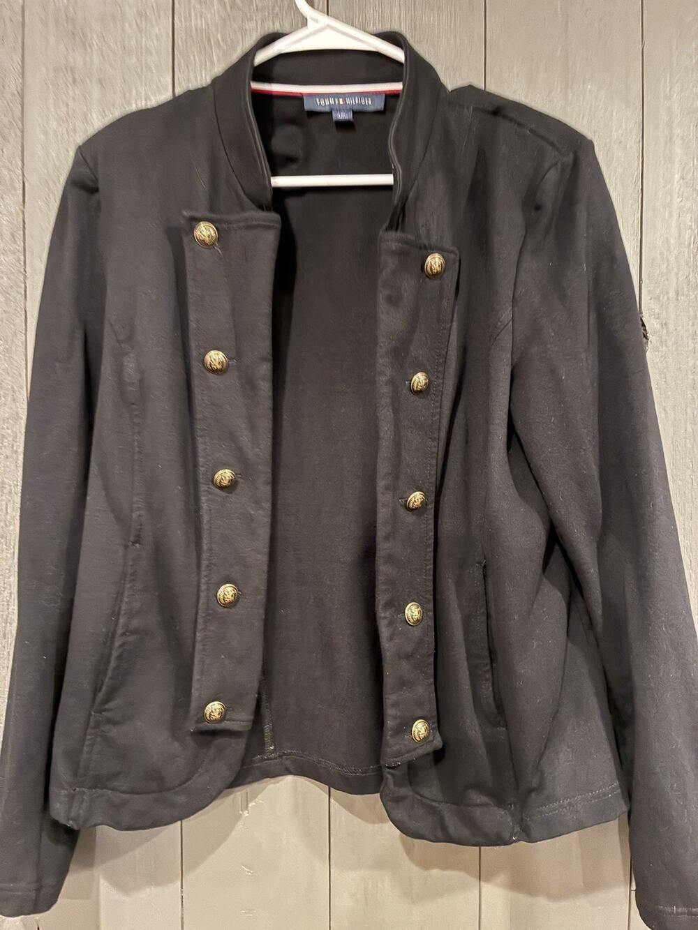 Tommy Hilfiger Sky Captain Black Bomber Military Blazer open front Jacket Sz L